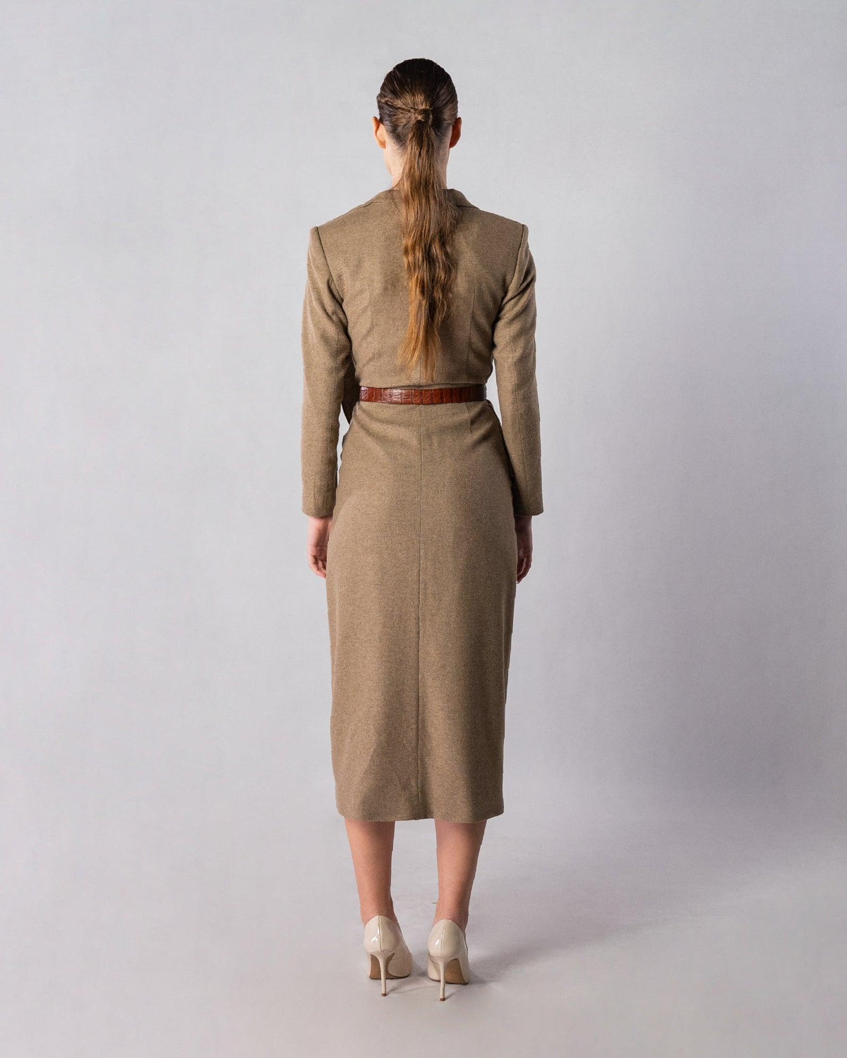 ALISADUDAJ CRAFT 04 brown wool draped wrap jacket and midi skirt set, back view showing cropped jacket, belt and back slit, wool