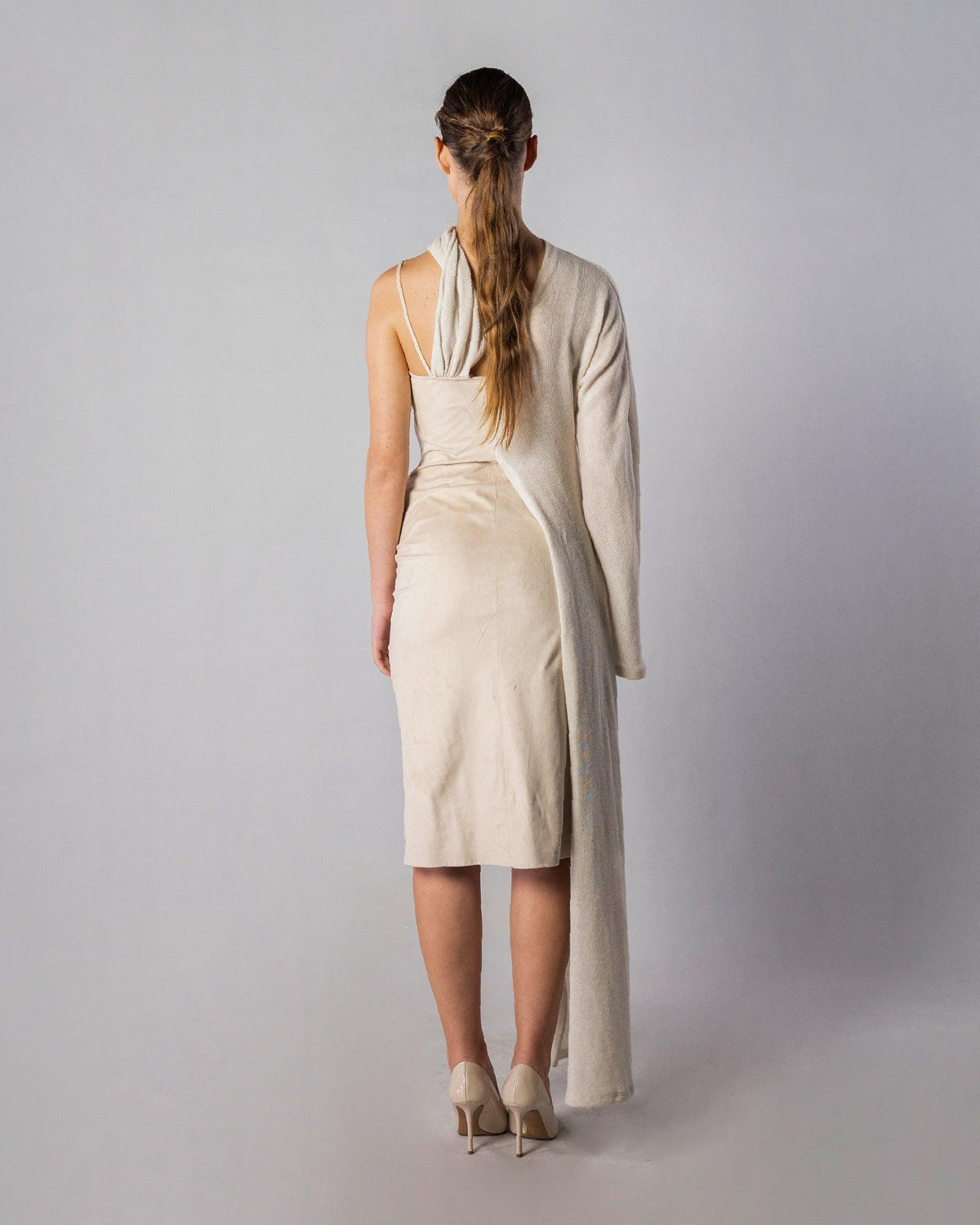 ALISADUDAJ CRAFT 09 off-white layered dress, back view showing draped knit panel over the faux-suede slip, wool and faux suede