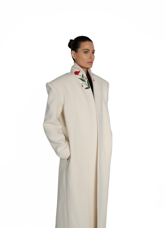 EMBROIDERED WHITE WOOL COAT