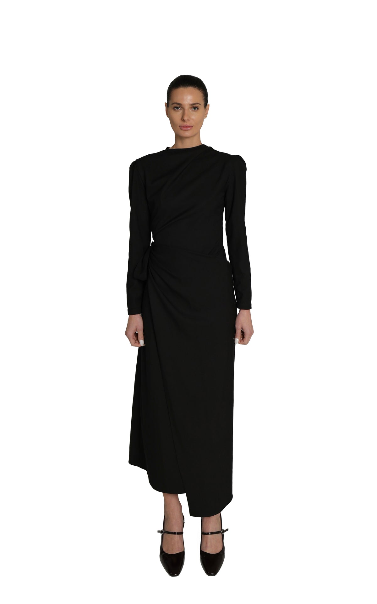 FINE WOOL DRESS WITH BACK COLLAR — WHITE & BLACK