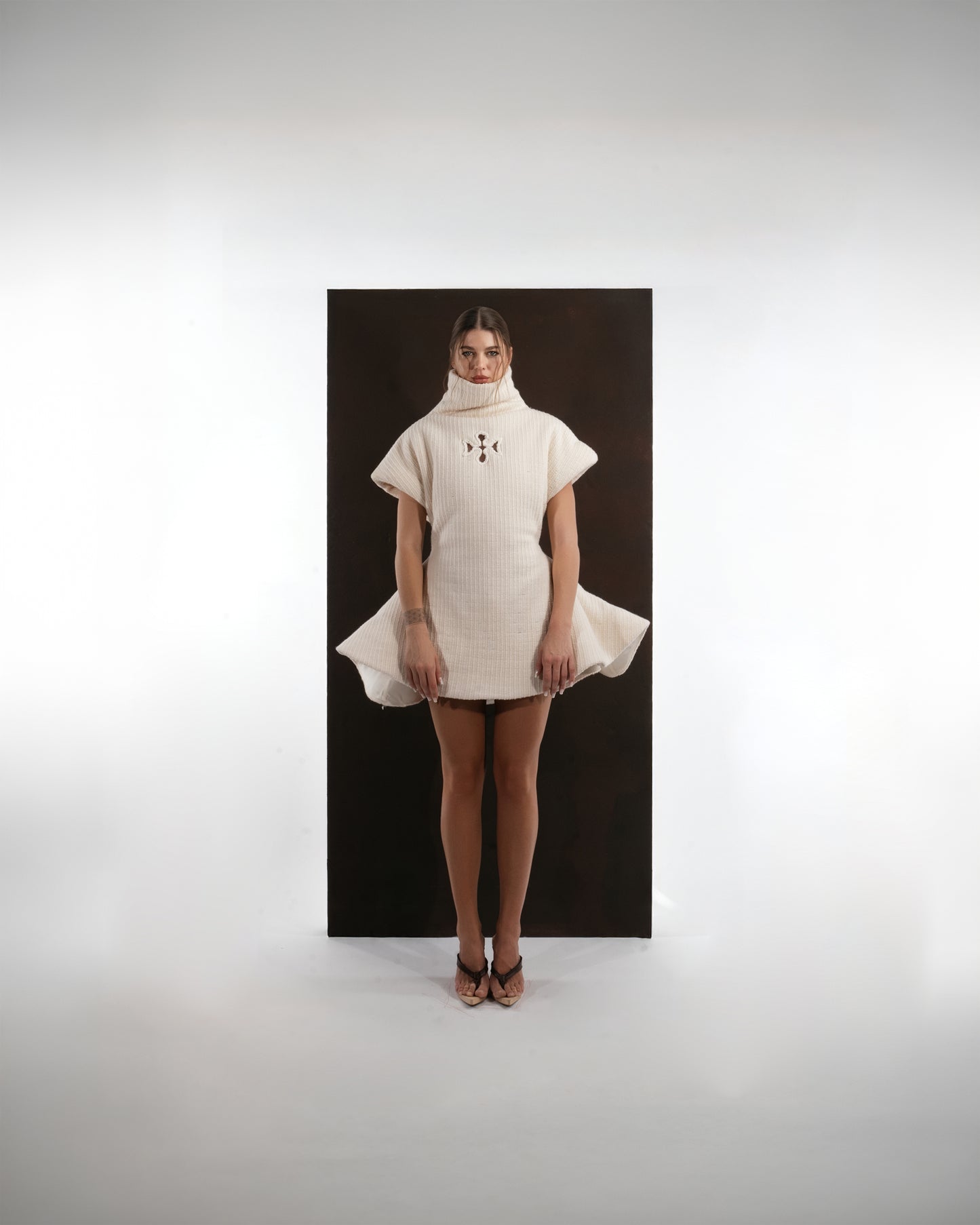 IVORY RIBBED FLARE DRESS