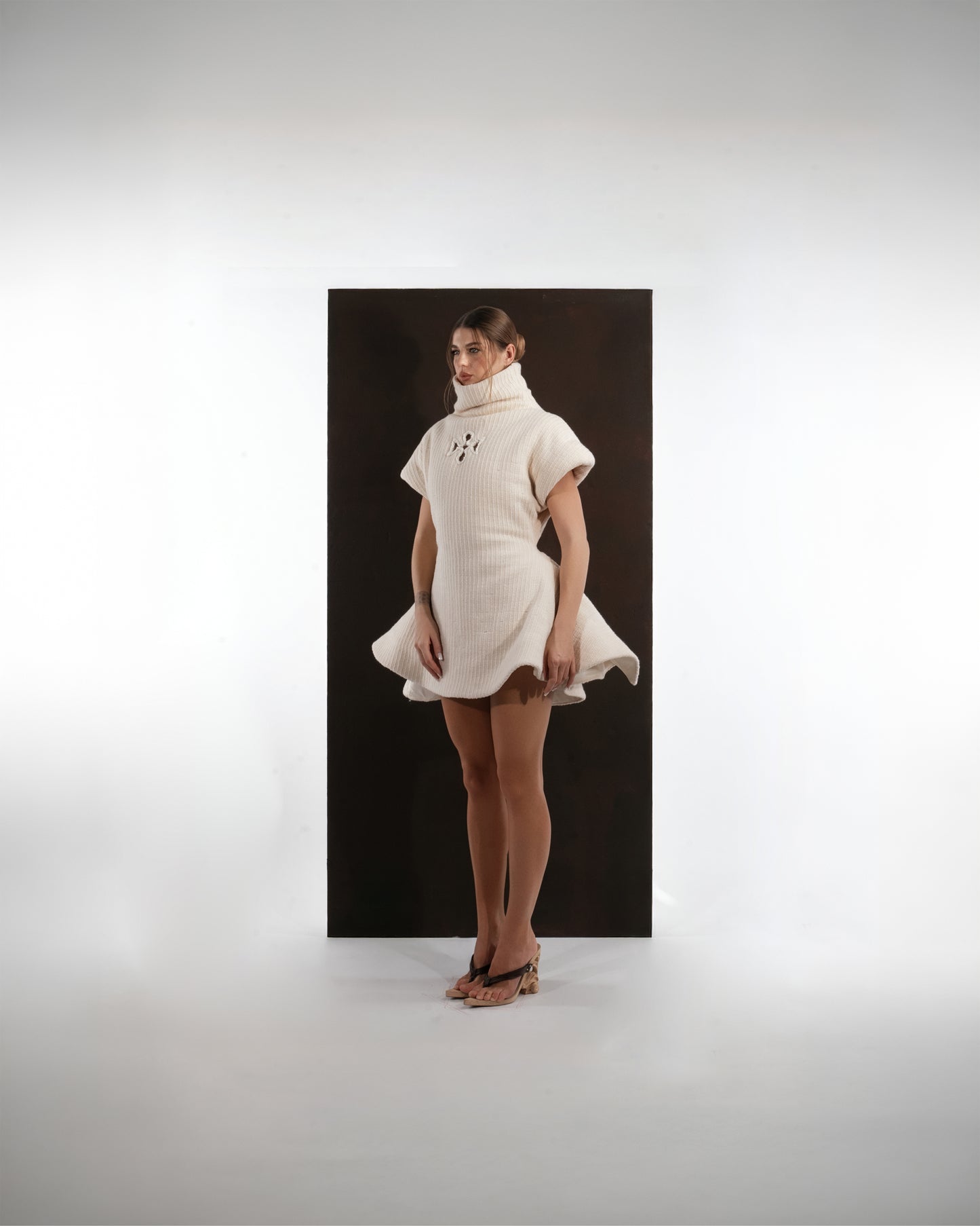 IVORY RIBBED FLARE DRESS