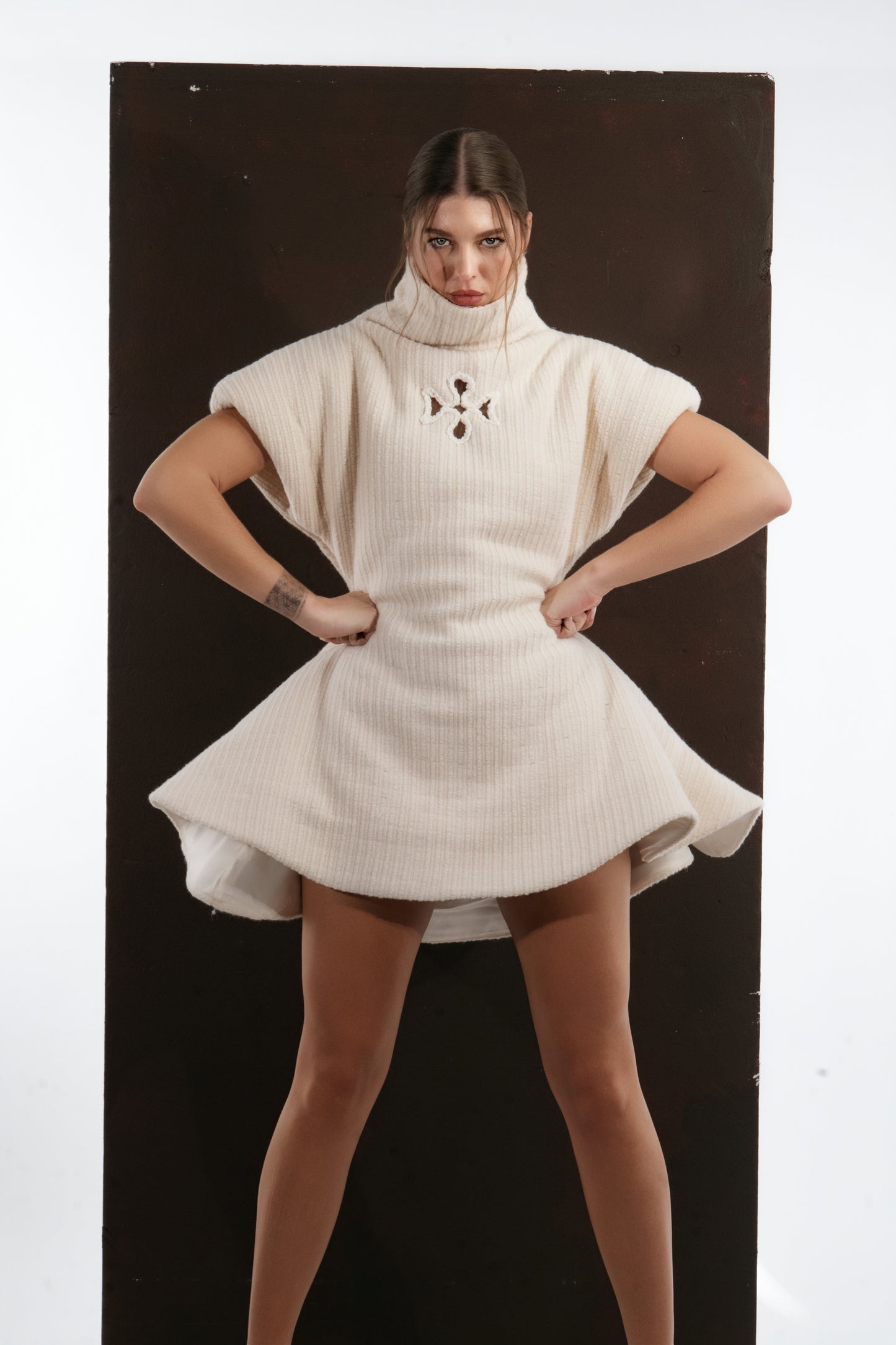 IVORY RIBBED FLARE DRESS