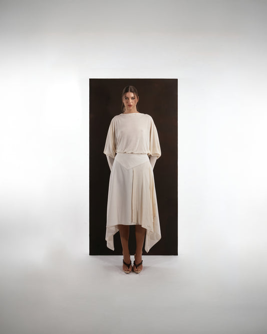 IVORY OPEN-BACK DRAPE DRESS