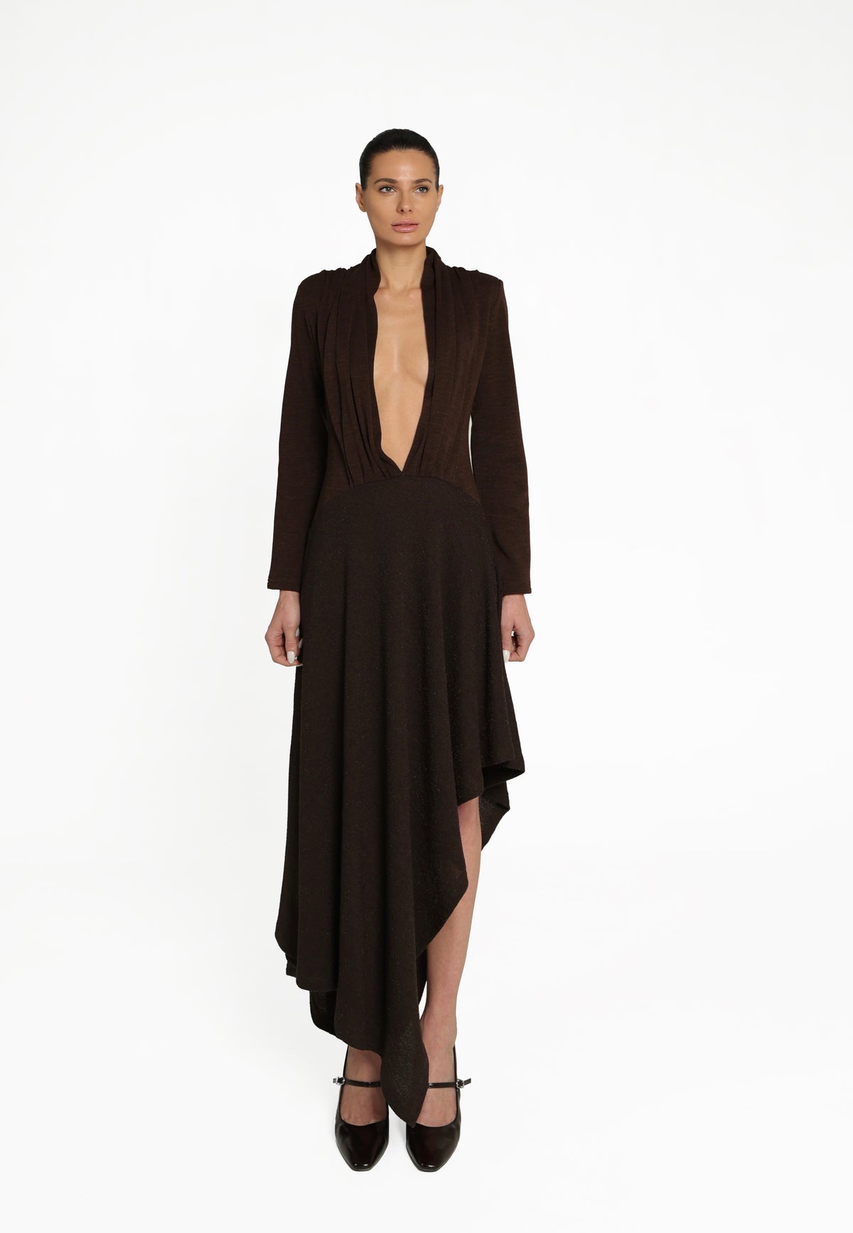 PLEATED CHOCOLATE WOOL DRESS