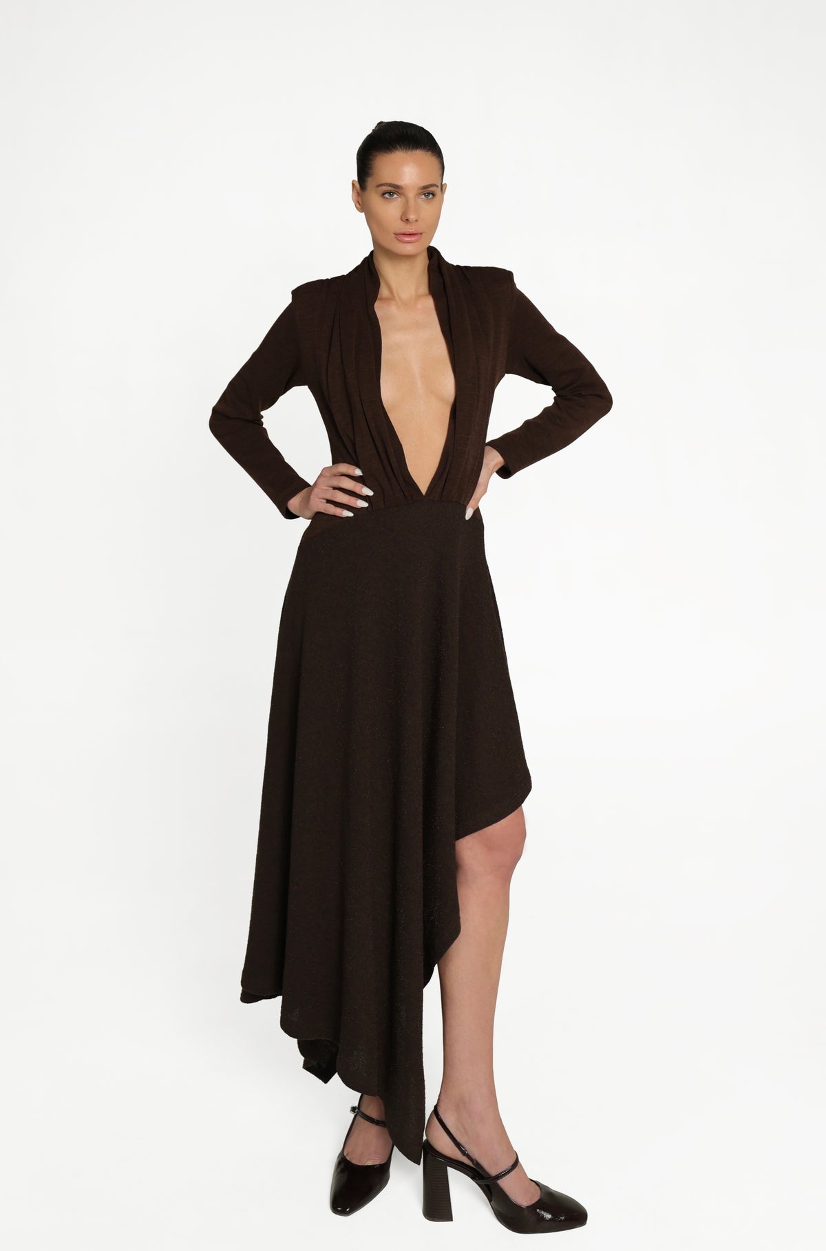 PLEATED CHOCOLATE WOOL DRESS