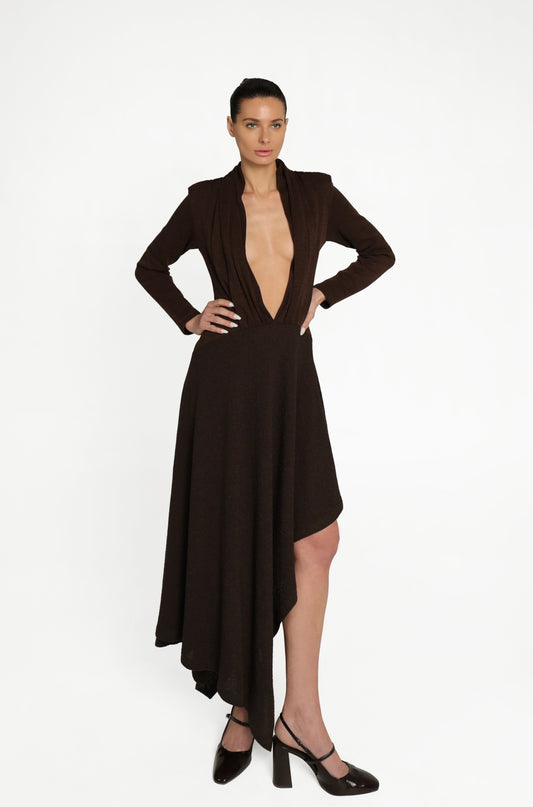 PLEATED CHOCOLATE WOOL DRESS