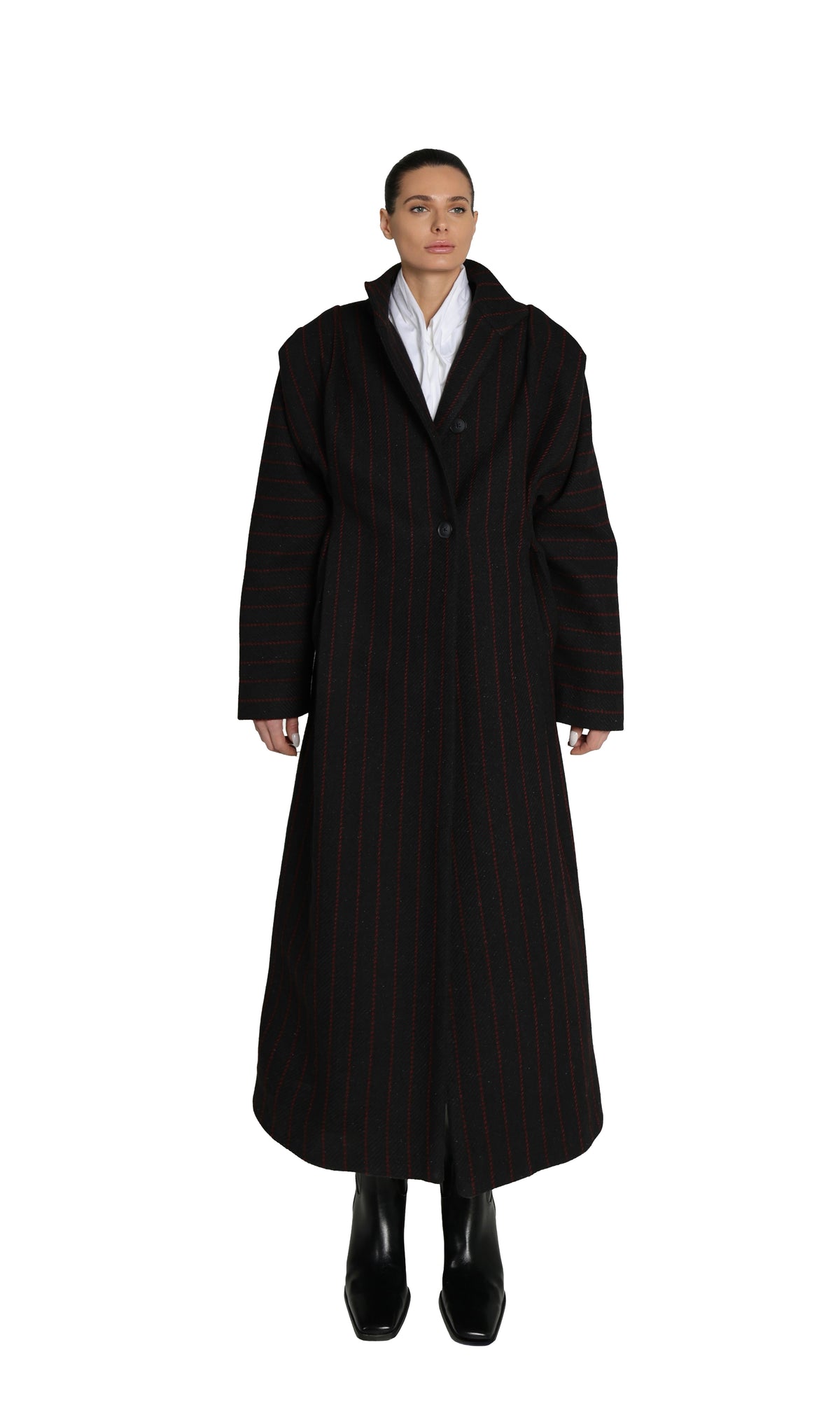 RED-STRIPED WOOL COAT