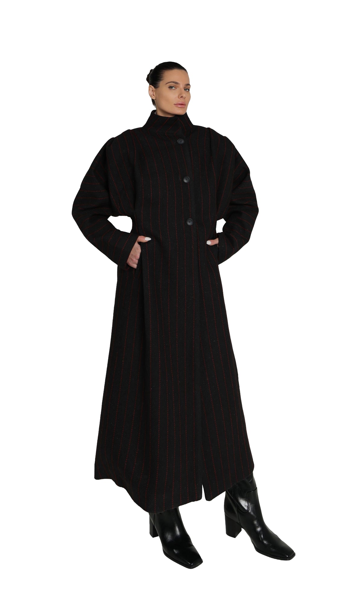 RED-STRIPED WOOL COAT
