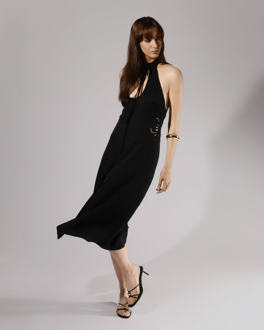 black cut out halter dress Black Halter Crisscross Cut Out Drape Ruched Slit Dress