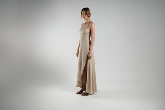 ALISADUDAJ beige cotton-twill one-shoulder maxi dress, front three-quarter view showing slim strap and front slit