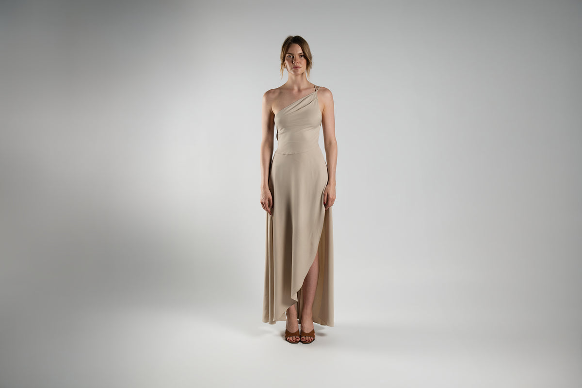 ALISADUDAJ beige cotton-twill one-shoulder maxi dress, front view, full length