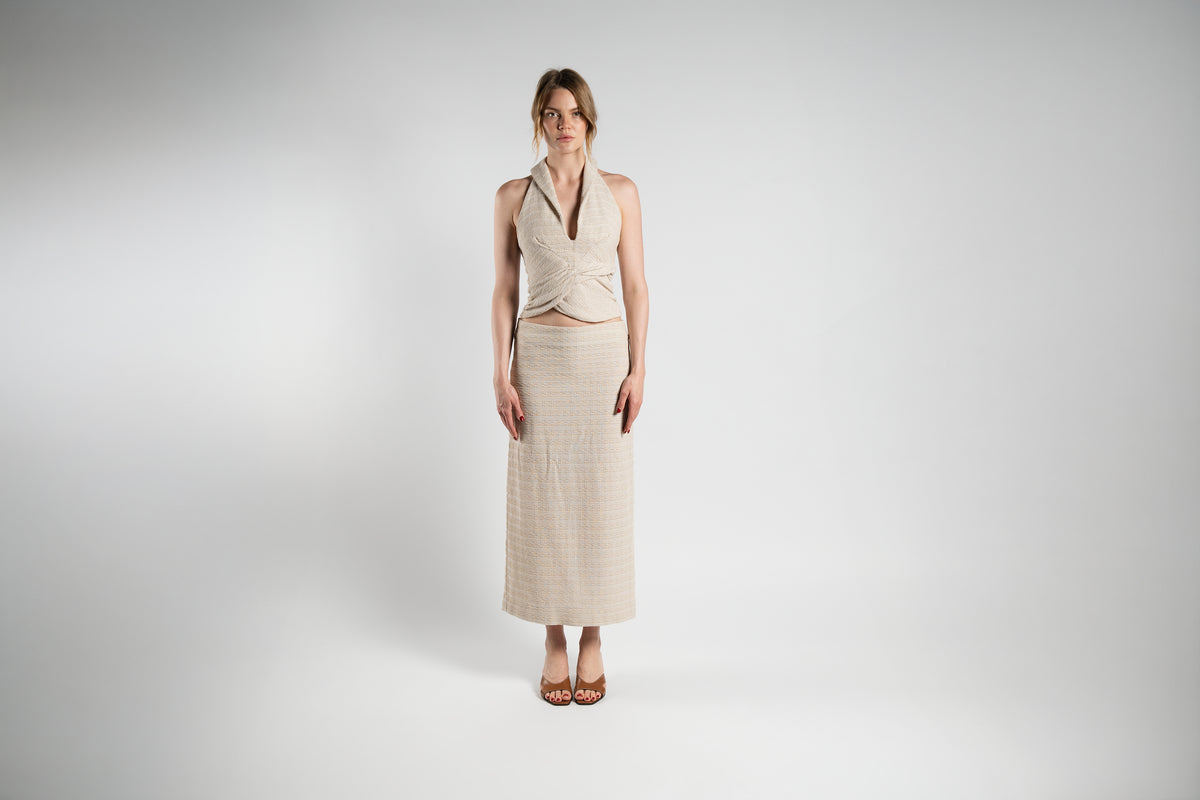 ALISADUDAJ beige textured linen halter top and maxi skirt set, front view, full length