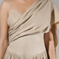 ALISADUDAJ beige linen and viscose one-shoulder draped dress, close-up of crossover drape and textured waistband