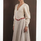 ALISADUDAJ beige wool asymmetric dress, front close-up of red scroll embroidery at the waist, wool