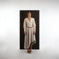 ALISADUDAJ beige wool asymmetric dress with red embroidered waist, front view, full length