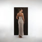 ALISADUDAJ beige wool halterneck column dress, back view showing open back and back slit