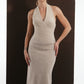 ALISADUDAJ beige wool halterneck column dress, front view showing halter collar and fitted waist