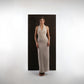 ALISADUDAJ beige wool halterneck column dress, front view, full length, showing textured bodice and V neckline