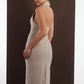 ALISADUDAJ beige wool halterneck column dress, side back view showing halter collar and open back