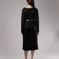 ALISADUDAJ black linen deep-V wrap top and midi skirt set, back view showing cropped top and straight skirt with back slit