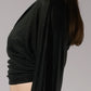 ALISADUDAJ black linen deep-V wrap top and midi skirt set, side close-up of batwing sleeve and ruched wrap top