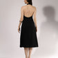 ALISADUDAJ black linen halter cut-out dress, back view showing open halter back and A-line midi skirt