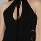 ALISADUDAJ black linen halter cut-out dress, close-up of tie-neck collar, keyhole and front buttons