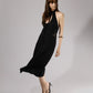 ALISADUDAJ black linen halter cut-out dress, front three-quarter view, full length