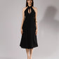 ALISADUDAJ black linen halter cut-out dress, front view, full length, showing tie-neck keyhole and button-down front