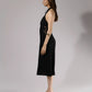ALISADUDAJ black linen halter cut-out dress, side profile showing floral embroidered cut-out at the waist