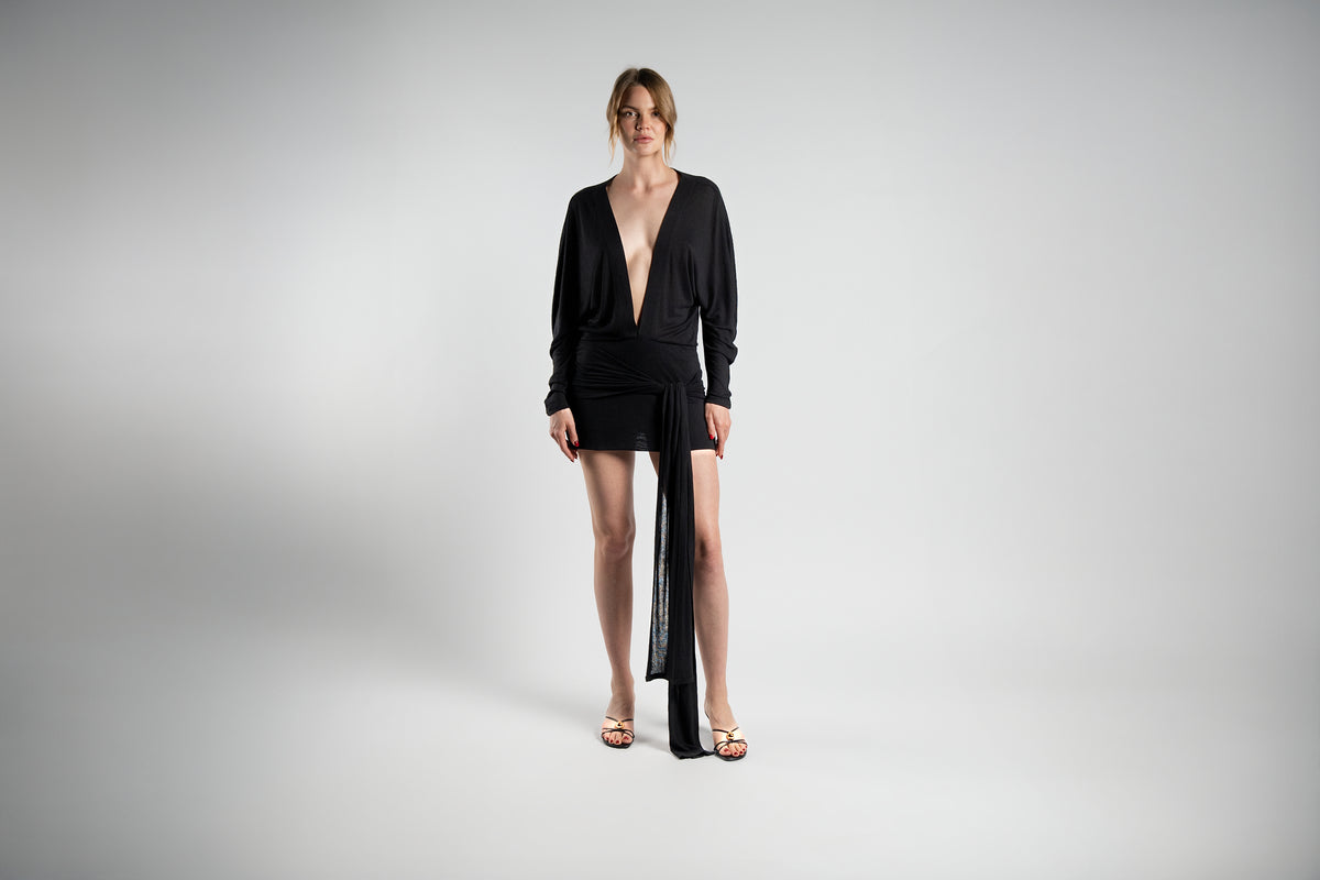 ALISADUDAJ black linen plunge-neck mini dress, front view, full length, showing long tie sash and batwing sleeves