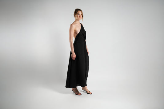 ALISADUDAJ black linen-silk one-shoulder dress, front three-quarter view showing open side and gathered waist