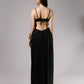 ALISADUDAJ black linen strappy evening dress, back view showing lace-up open back with tie