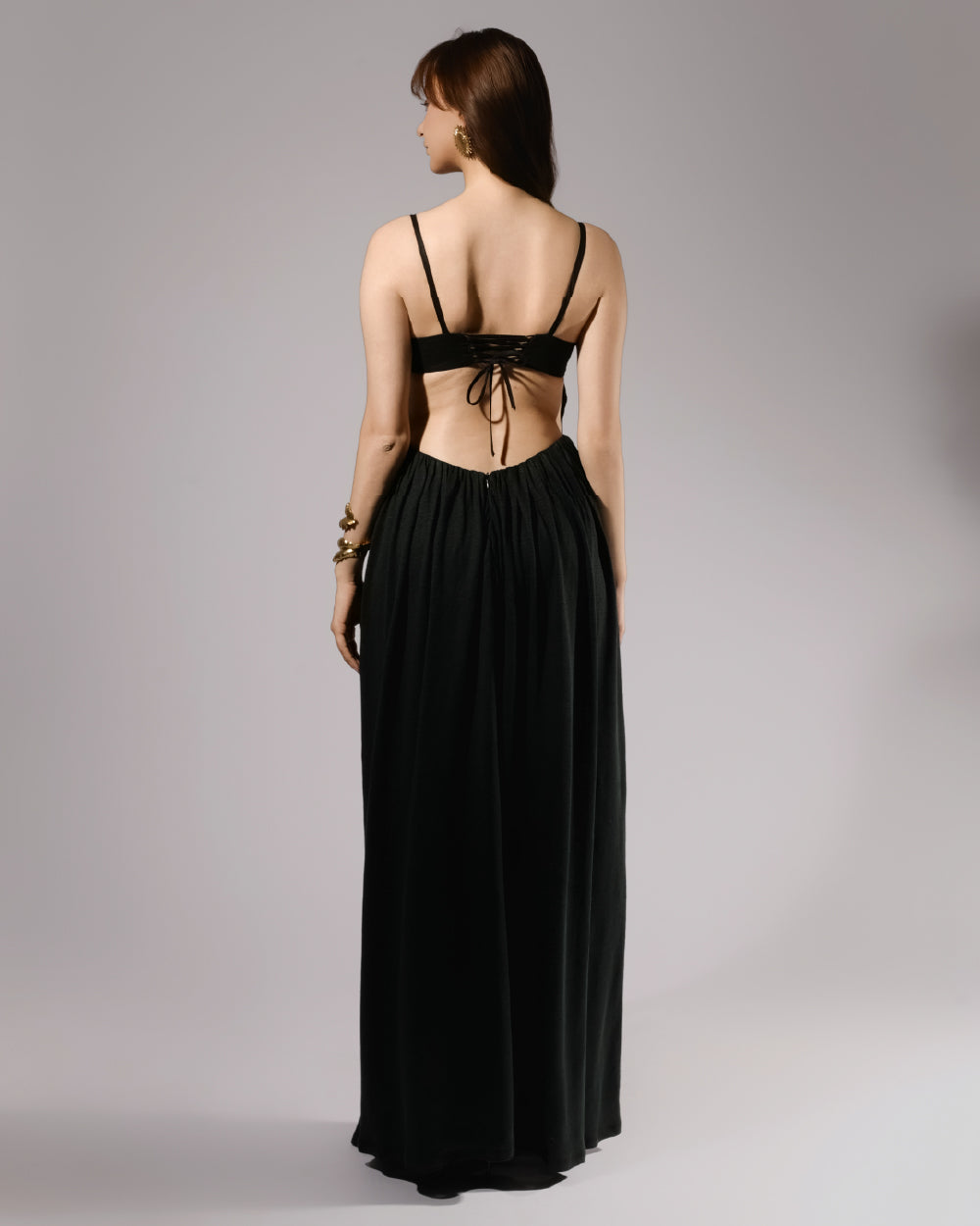 ALISADUDAJ black linen strappy evening dress, back view showing lace-up open back with tie