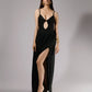 ALISADUDAJ black linen strappy evening dress, front view, full length, showing gathered skirt and high leg slit