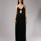 ALISADUDAJ black linen strappy evening dress, front half-length view showing spaghetti straps and keyhole cut-out
