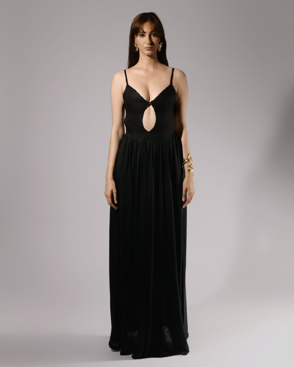 ALISADUDAJ black linen strappy evening dress, front half-length view showing spaghetti straps and keyhole cut-out