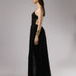 ALISADUDAJ black linen strappy evening dress, side profile showing fitted bodice and open back