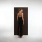 ALISADUDAJ black and red pinstripe wool maxi dress, back view showing open back, crossed straps and back slit
