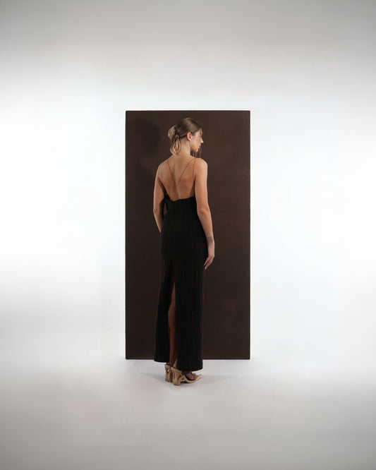ALISADUDAJ black and red pinstripe wool maxi dress, back view showing open back, crossed straps and back slit