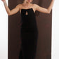 ALISADUDAJ black and red pinstripe wool maxi dress, front close-up of keyhole neckline and red thread pinstripes