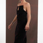 ALISADUDAJ black and red pinstripe wool maxi dress, side close-up of keyhole neckline, strap and pinstripe weave, wool blend