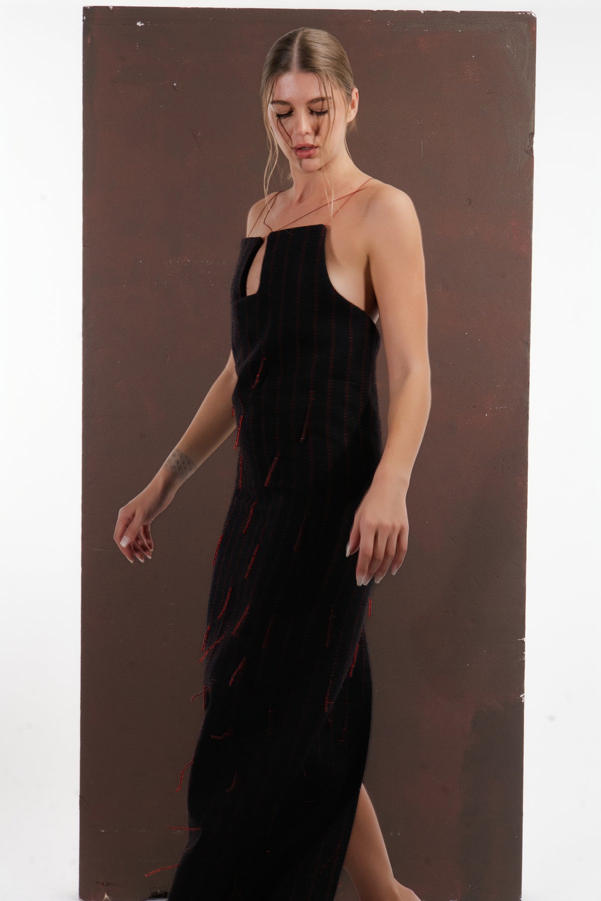 ALISADUDAJ black and red pinstripe wool maxi dress, side close-up of keyhole neckline, strap and pinstripe weave, wool blend