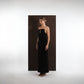 ALISADUDAJ black and red pinstripe wool maxi dress, front three-quarter view showing straight neckline and deep armhole