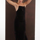 ALISADUDAJ black and red pinstripe wool maxi dress, front view with arms raised showing strap detail