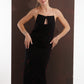 ALISADUDAJ black and red pinstripe wool maxi dress, front view with hands on hips showing red thread detail