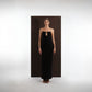 ALISADUDAJ black and red pinstripe wool maxi dress, front view, full length, showing keyhole neckline and fine straps