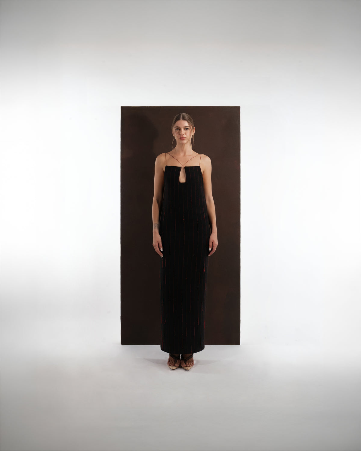 ALISADUDAJ black and red pinstripe wool maxi dress, front view, full length, showing keyhole neckline and fine straps
