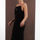 ALISADUDAJ black and red pinstripe wool maxi dress, side view showing deep armhole and side slit